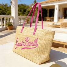 MC2 St. Barts – St. Barts Embroidered Straw Handbag, Tote Bag With Leather Handles – Stylish Beach Bag For Women (48*28*16cm) - Màu Hoa hồng đỏ - Xem 2