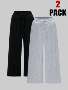 2pcs 2026 Spring/Summer Casual Sweatpants | Women's Grey Wide Leg Joggers | Drawstring Waist, Side Pockets | Loose Fit | Suitable For Lounging, Beachwear And Everyday Wear - Multicolor - View 1