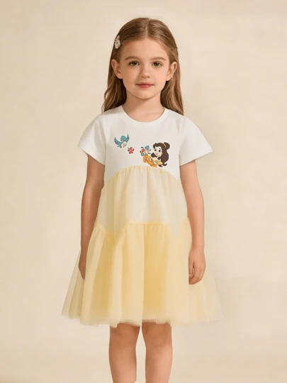 Balabala 女婴迪士尼连衣裙 - 黄色，柔软舒适 - 可爱卡通印花 - 夏季完美之选