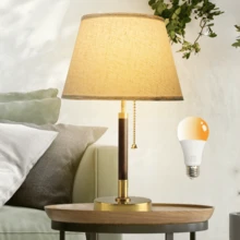 QUIGO 1 PCS Vintage Table Lamp W/ 12W LED Light Blub Aesthetic Bedroom Living Room Decor, Mid Century Modern Desk Lamp 3 Color Temperature, Bedside Lamps Home Nightstand Reading Light, Solid Wood & Brass,  With Linen Lampshade Modern End Table Lamp, Side Table Desk Lamp Christmas Room Decoration, Home Decor, Mothers Day Gifts For Mom - 美規A型插(110-127V) - 查看 9
