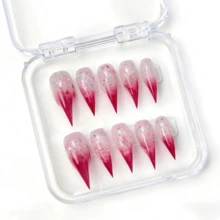 Mnails 10 PCS Handmade Cat Claw Press-On Nails | Vibrant Red-Clear Gradient Bling Nails With Sparkling Star & Glitter Designs, Bold Edgy & Stunning Nail Art For Fashion Party Looks (Tool Kit Included) - 彩色 - 查看 2