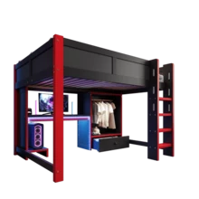 140 X 200 Cm Loft Bed With LED Lighting, Gaming Bed With Desk, Ladder, Wardrobe, Large Drawers, Mattress Not Included, Black And Red. - Black - View 1