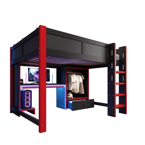 140 X 200 Cm Loft Bed With LED Lighting, Gaming Bed With Desk, Ladder, Wardrobe, Large Drawers, Mattress Not Included, Black And Red.