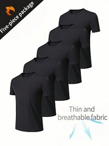 5pcs/Pack Men's Ultra-Thin Crew Neck Short Sleeve T-Shirts, Lightweight & Energetic, Suitable For Gym Workout, Breathable Sports Running Top Black Summer - Black - View 9