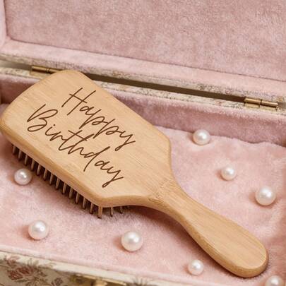 1 Pc Happy Birthday Air Cushion Comb, Laser Engraved Wooden Bamboo Hair Brush, Square Paddle Brush For Scalp Massage And Hair Combing, Birthday Gift For Friends, Sister, Mom, Grandma