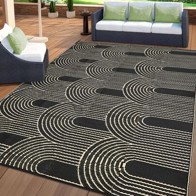 Thảm ngoài trời 6ft x 9ft, Thảm cắm trại ngoài trời chống thấm nước màu đen, Thảm rơm nhựa di động cho xe RV, bãi biển, sân sau, mái che (Màu đen, 6ft x 9ft)