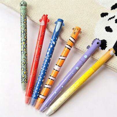 Set de 6 bolígrafos de gel borrables con forma de animales, punta fina de 0,5 mm, tinta azul, con borrador incorporado, ideal para tomar notas y escribir, perfecto para la oficina, la escuela, cumpleaños, Navidad, San Valentín, Año Nuevo, ¡regalo de Pascua!