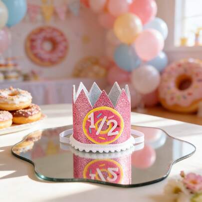 1pc Cute Pink Donut 1/2 Birthday Hat - Sparkling Crown For Half Birthday Celebration, Suitable For Party Decor And Photo Props