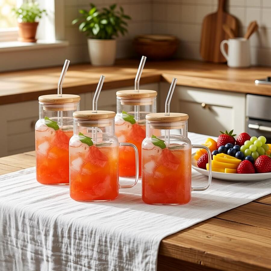 4 Pcs Drinking Glasses With Bamboo Lids And Glass Straw - 20 Oz Can Shaped Glass Cups Beer Glasses Ice Coffee Glasses Cute Tumbler Cup Great For Soda Boba Tea Cocktail Include With 1 Cleaning Brush - 透明 - 查看 1