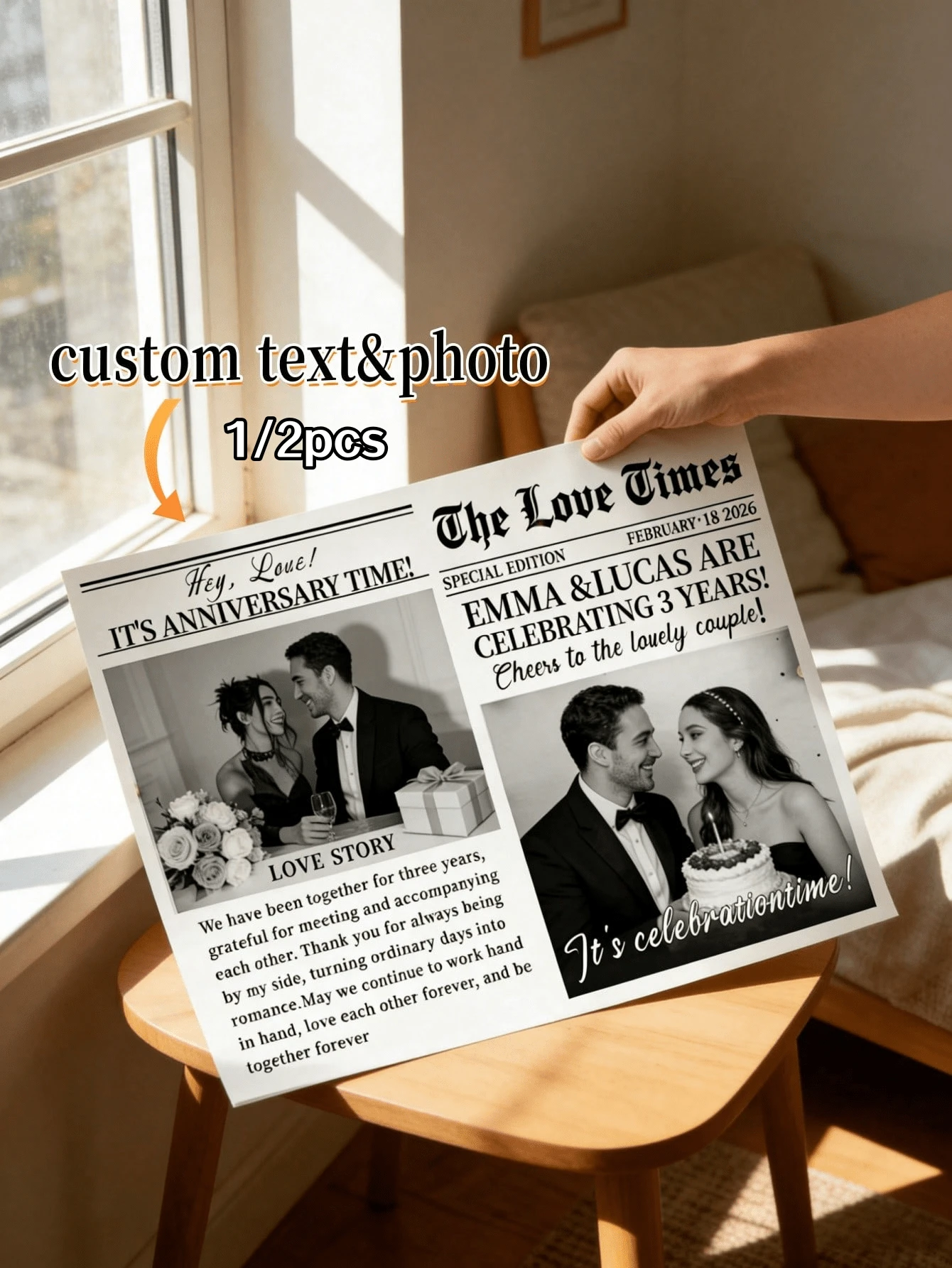 1/2 piezas Periódico personalizado para parejas - Anuncio de relación con foto y texto personalizados, póster de periódico con historia romántica, recuerdo único para pareja, adecuado para aniversario, Día de San Valentín, regalos y otras ocasiones