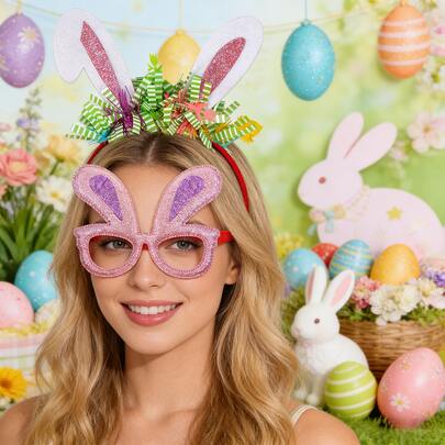 2件套复活节兔子头箍和眼镜套装 - 粉色/金色/蓝色兔子耳朵头箍 + 兔子眼镜，适合复活节庆祝活动、主题派对、节日和拍照道具，成人尺寸，多种颜色可选