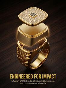 Mens Iced Out Signet Ring 14K Gold Plated Cushion Shape Ring With Letter Detail Statement Jewelry - Nhiều màu - Xem 1