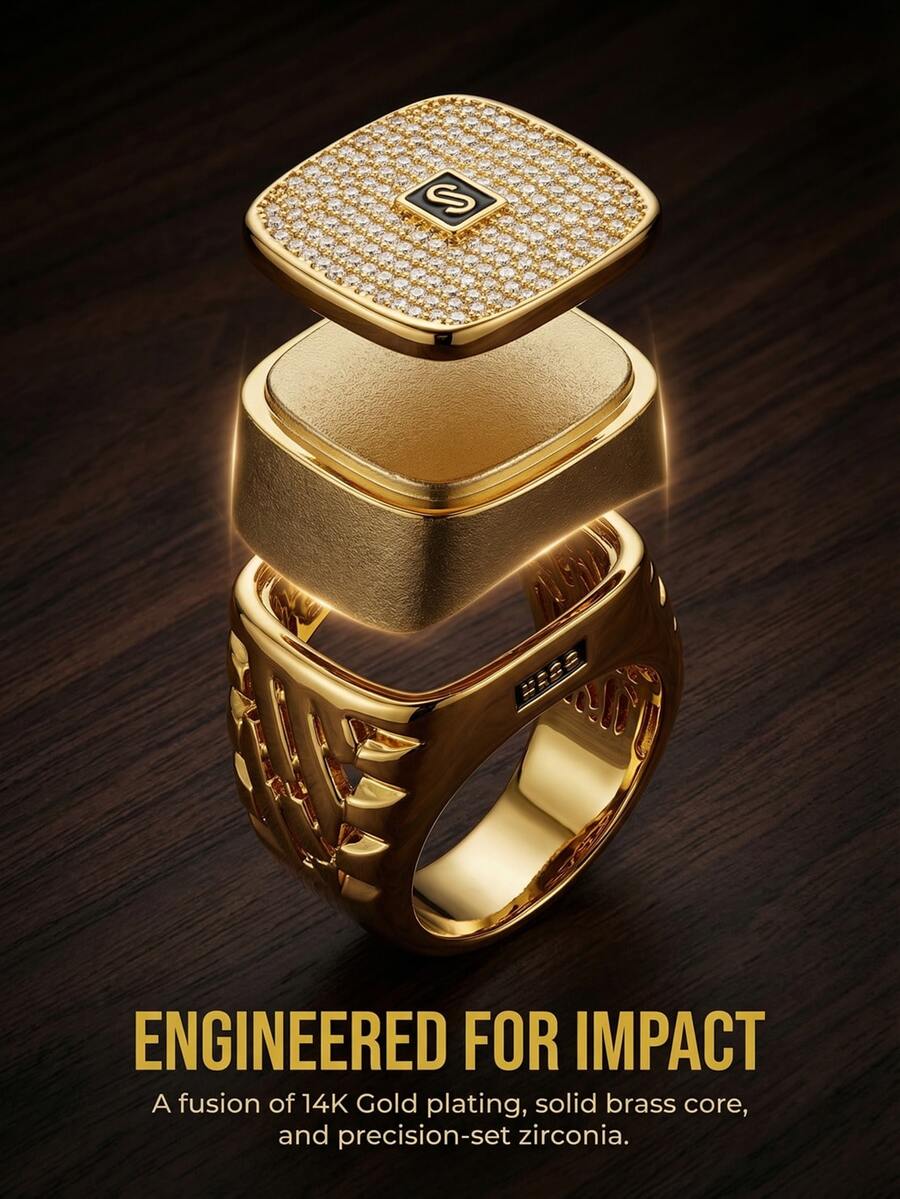 Mens Iced Out Signet Ring 14K Gold Plated Cushion Shape Ring With Letter Detail Statement Jewelry - Nhiều màu - Xem 1