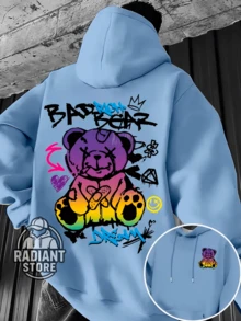 Comfortable Basic Sweatshirt For Everyday Wear, Bear Print, Street Style, Colorful Animal Print, Streetwear Art, Urban Culture, Street Fashion, Street, Graffiti, Skater, Unisex, Men's And Women's Sweatshirt, 50% Cotton 50% Polyester, Premium Streetwear Top, New Release, Immediate Shipping, Various Colors!! - 淺藍色 - 查看 1
