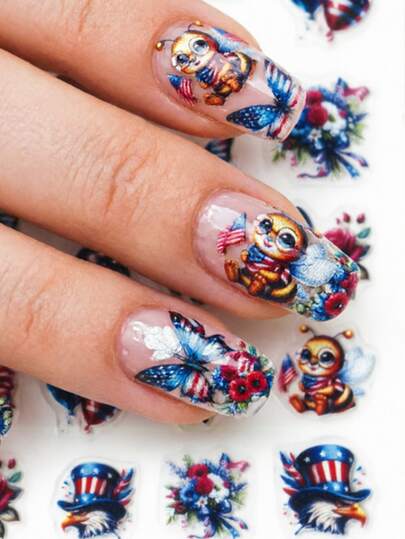 US Element Nail Stickers, Cartoon US Flag & Bee Car Self-Adhesive One-Time 3D Embossed Nail Art Decals, Funny Nail Decorations Suitable For 4th Of July Party / Manicure, Size 8cm*10cm, Rich Patterns And Durable