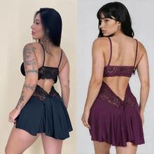 Set Of 2 Women's Sensual Ballerina Sexy Nightgowns With Lace, Red And Black Sleepwear - 酒紅色 - 查看 6