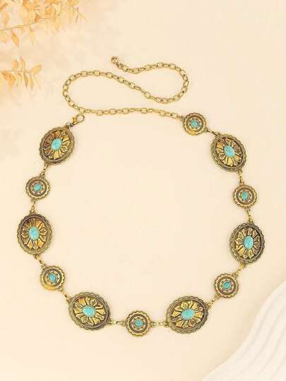 Cadena para la cintura de mujer de estilo retro elegante, hecha a mano de hierro plateado ajustable, con estampado floral tropical de aleación de zinc, para bodas, primavera, verano, otoño e invierno, de estilo europeo y americano