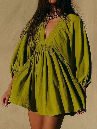 Nuevo vestido casual corto elegante y sexy para mujeres con escote en V profundo y mangas abultadas, ideal para vacaciones con estilos bohemio, western, tropical y de sol