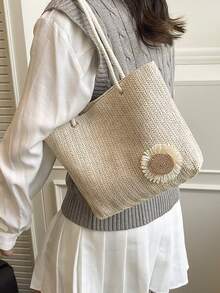 Túi xách đi biển dáng casual màu be dệt hoa văn. - Màu be - Xem 3