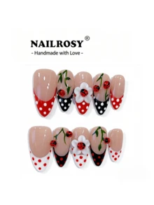 NAILROSY 10片装波点法式美甲贴纸，黑色、白色、红色杏仁形3D雕刻浮雕美甲贴，婚礼及新娘必备，裸色、透明色适合日常通勤，2026春季新品，专业沙龙品质，手工制作 - 彩色 - 查看 9