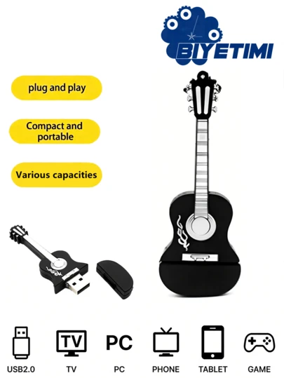 BIYETIMI Guitar Series USB 2.0 Flash Drive, Genuine Capacity Silicone USB Flash Drive, Music Gift Memory Stick, 128GB/64GB/32GB