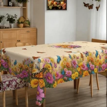 1pc Polyester Floral & Butterfly Pattern Tablecloth, Includes Round, Rectangular And Square Designs. Suitable For Kitchen, Wedding, Party And Outdoor Picnic Use, Washable Decorative Tablecloth. - A - View 9