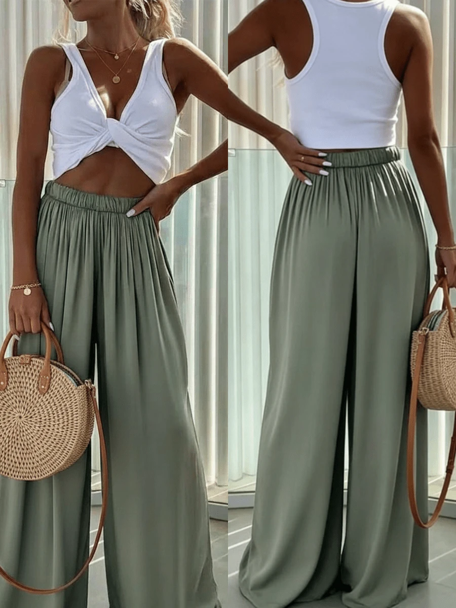 Women's Polyester Wide Leg Pants, Non-Stretch Fabric, Suitable For Daily Wear Spring - Mint Green - View 1