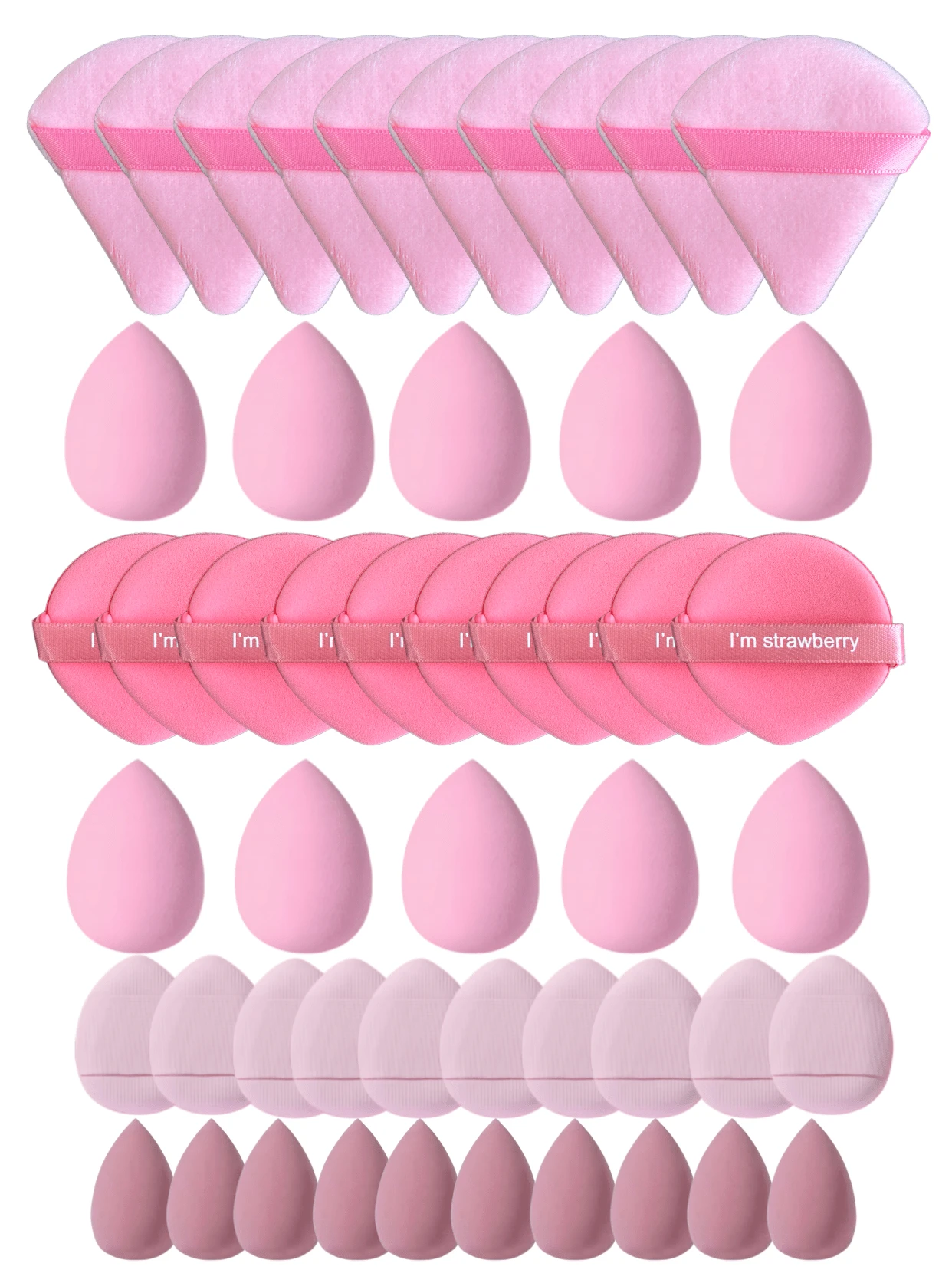 Bộ dụng cụ trang điểm 5/10/20/30/40/50/60/80/100 món bao gồm: 10 bông mút trang điểm dạng lỏng + 10 bông mút trang điểm dạng lỏng mini + 10 bông phấn phủ và cố định lớp trang điểm hình tam giác + 10 bông mút trang điểm nền dạng cushion + 10 bông mút che khuyết điểm dạng cushion mini - Màu Hồng  Dưa hấu - Xem 1