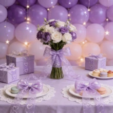 20cm Extra Wide Purple Glitter Hollow Heart Mesh Chair Back Decoration Ribbon, Party Decoration Ribbon, Bouquet Gift Box Decoration Bow Ribbon, Dessert Baking Decoration Ribbon, Suitable For Various Occasions - Lilac Purple - View 6