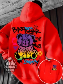 Comfortable Basic Sweatshirt For Everyday Wear, Bear Print, Street Style, Colorful Animal Print, Streetwear Art, Urban Culture, Street Fashion, Street, Graffiti, Skater, Unisex, Men's And Women's Sweatshirt, 50% Cotton 50% Polyester, Premium Streetwear Top, New Release, Immediate Shipping, Various Colors!! - 紅色 - 查看 1