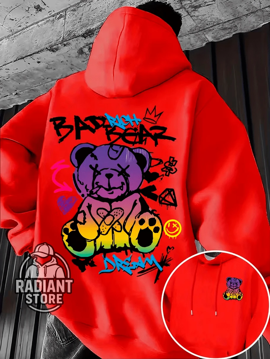 Comfortable Basic Sweatshirt For Everyday Wear, Bear Print, Street Style, Colorful Animal Print, Streetwear Art, Urban Culture, Street Fashion, Street, Graffiti, Skater, Unisex, Men's And Women's Sweatshirt, 50% Cotton 50% Polyester, Premium Streetwear Top, New Release, Immediate Shipping, Various Colors!! - 紅色 - 查看 1