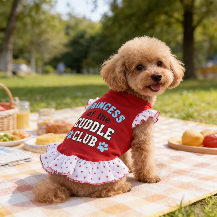 1 pieza Vestido con volantes lindo para mascotas, estampado floral rojo, tela suave y transpirable, adecuado para uso diario de perros y gatos pequeños/medianos