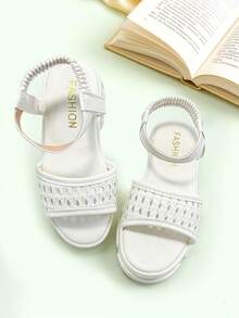 1 Pair White Fashion Sandals, Summer Girls Sandals, Fresh And Versatile, White Woven Hollow-Out Thick Sole Elastic Strap Design, Suitable For Banquets, Gatherings, Parties, Weddings, Vacations - Beige - View 5
