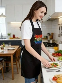 彩虹骄傲围裙，带口袋，时尚厨房服 - 黑色 - 查看 2