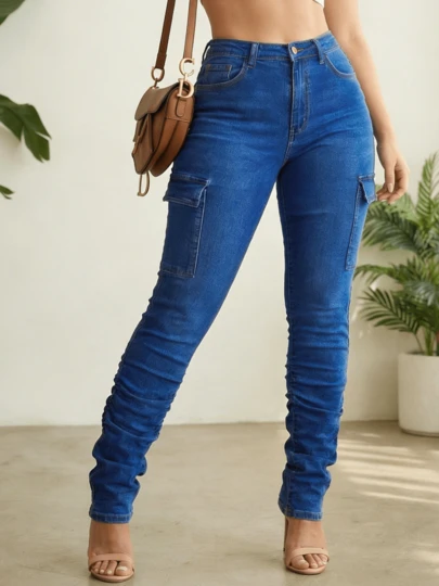 Women's Medium Stretch Mid Waist Cargo Pocket Slim Flare Jeans Casual Daily Pants