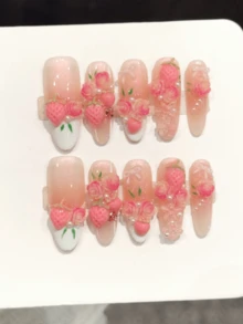 10片手工制作加长3D草莓玫瑰珍珠美甲贴纸，适合女孩和女士参加派对、日常佩戴；10片Y2K风格手工美甲贴纸，适合女孩和女士参加节日、派对、音乐节、日常佩戴、情人节、母亲节礼物。 - 粉色 - 查看 8
