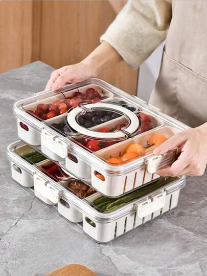 1pc Modern Multifunctional Kitchen Storage Box, Airtight Food Container, Refrigerator Organizer, Made Of PP Material, Leak-Proof, With Internal Dividers, Long Divider And Drainage Design, Square Compartments, Large Capacity With Handle, Suitable For Vegetable Storage