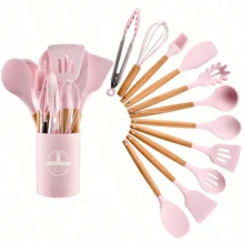 12件套多功能木柄硅胶厨具套装，包括汤勺、铲子、烘焙用具、刮刀、意面夹，带收纳桶 - 彩色 - 查看 8