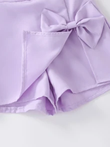 Tween Girls  Summer Sets White Bow Tie Pattern Print Short Sleeve Top And Skirt Set Summer Clothes For Tweens Girl - Mauve Purple - View 10