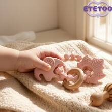 ETETOO 1pc Pink Flower Rabbit Textured Silicone Wooden Teething Ring, Baby Sensory Teether, Relieve Teething Pain - Multicolor - View 6