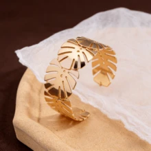 1件新款欧美时尚优雅镂空叶形开口手镯，适合作为节日礼物和派对配饰 - 金色 - 查看 6