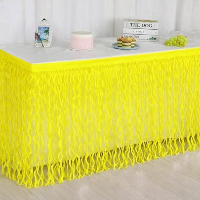 Neon Green Glow Table Skirt For Blacklight Party, Fluorescent Fringe Table Cover For Birthday Party Decorations, UV Reactive Table Skirt For Glow Party, Halloween, Rave, Neon Theme Party Supplies