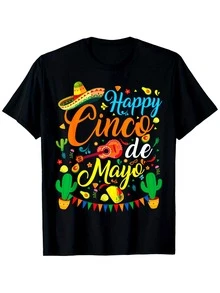 Leisure, Fashion May 5th Carnival Mexican Party T-Shirt For Men And Women, Couple's Fashion Cotton Top, Short-Sleeved, Street Style T-Shirt, Comfortable T-Shirt, Casual Summer T-Shirt, Must-Have Fashion T-Shirt, Comfortable, Loose - 黑色 - 查看 8