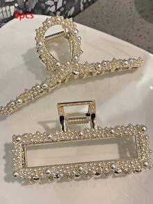 2pcs/1pc Elegant Metal Pearl Square Crossover Hair Clips, Versatile Hair Claw Hairstyle Accessories For Daily, Party, Travel, Photo Shoot, High-End Gift - Multicolor - View 9