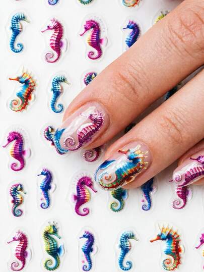 Colorful Seahorse Ocean Nail Stickers, Cartoon Style, One-Time Self-Adhesive 3D Embossed Nail Art Decals, Adorable Nail Decoration Suitable For Holidays & Parties, Size 8cm*10cm, Vivid Pattern, Easy To Apply And Durable