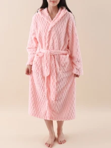 1pc Coral Fleece Hooded Robe, 3D Tortoiseshell Pattern, Soft & Comfortable Absorbent Loungewear - White - View 13
