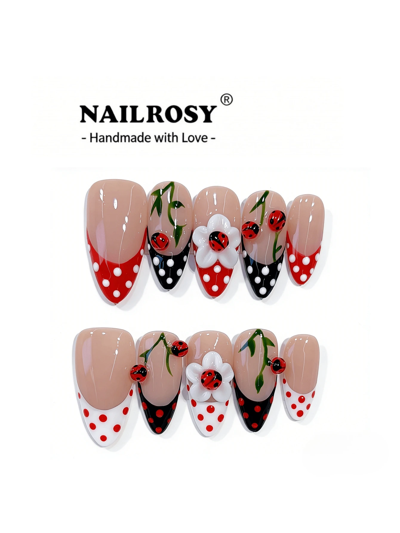 NAILROSY 10片装波点法式美甲贴纸,黑色、白色、红色杏仁形3D雕刻浮雕美甲贴,婚礼及新娘必备,裸色、透明色适合日常通勤,2026春季新品,专业沙龙品质,手工制作 - 彩色 - 查看 1