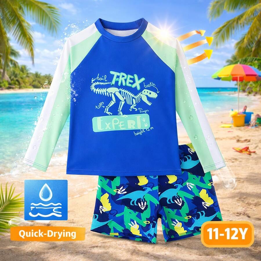 Traje de baño infantil de secado rápido con estampado de dinosaurios de dibujos animados, tallas grandes, protección UV, ropa deportiva de playa, estilo retro informal para niños. - 11-12 años - Ver 1