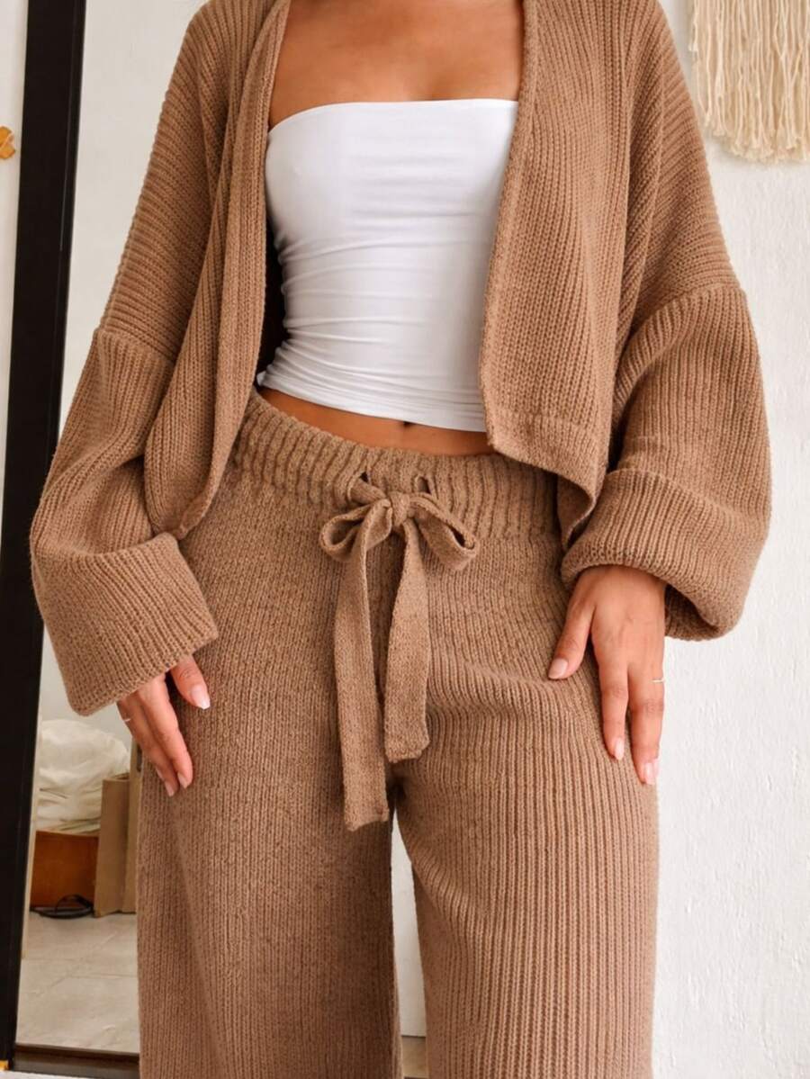 Women's Premium Mousse Knit Set: Cardigan Jacket And Wide-Leg Pants With Tie Detail, Musse Yarn Knit, Blogger Style, Belize - 肉桂 - 查看 1