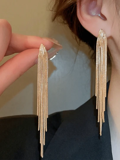 1pair European And American Fashion Metal V-shaped Long Tassel Needle Earrings For Women